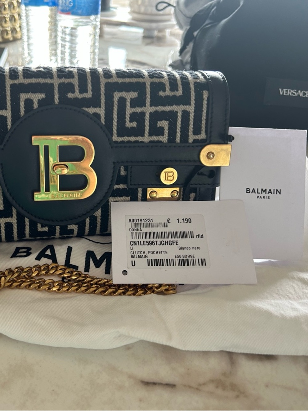 Balmain Black & White Monogram B-Logo Chain Clutch pochette